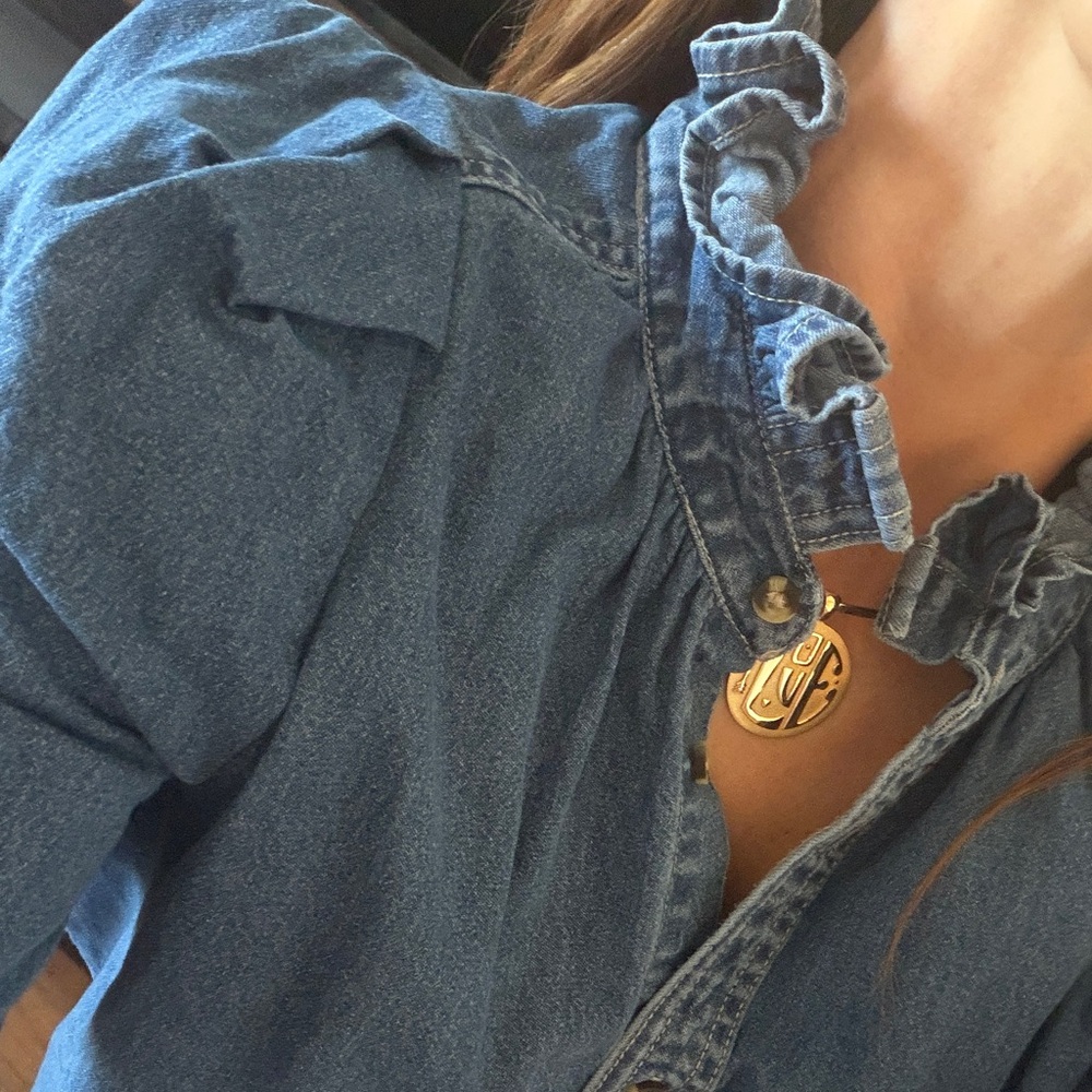 Ruffled Denim Button-Down Shirt - Blue